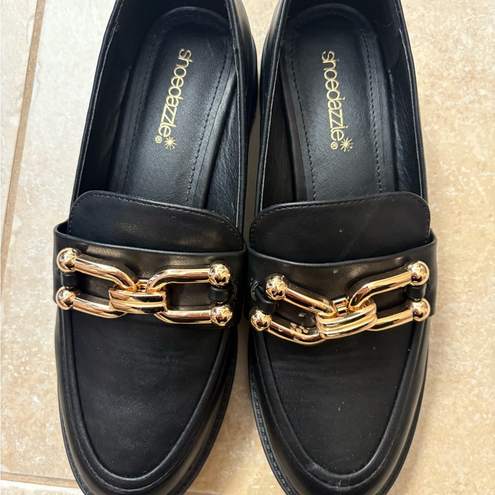 Black Loafers with Gold Chain Detail